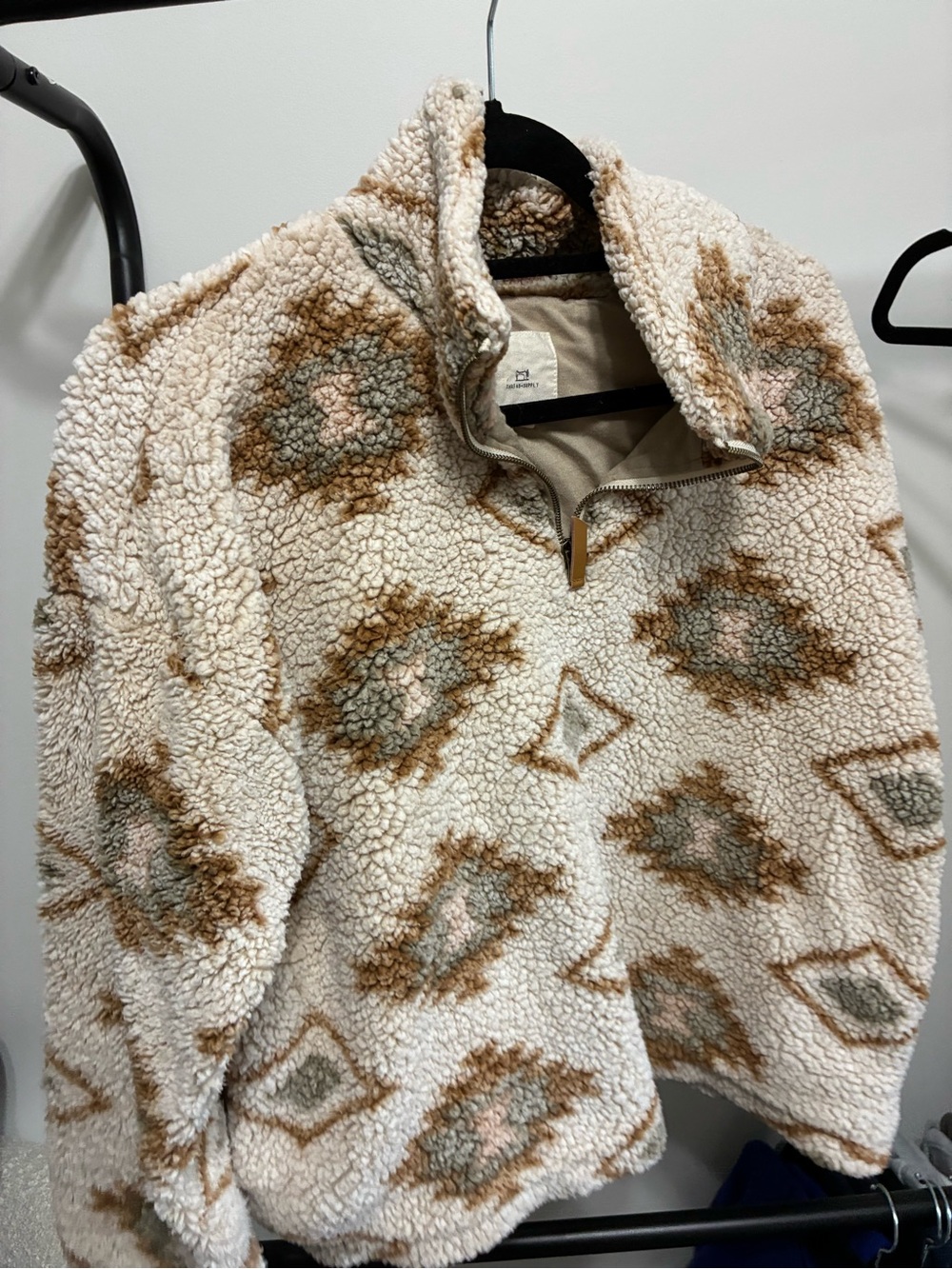 Thread & Supply Cream Sherpa Quarter-Zip with Taupe and Sage Geometric Print